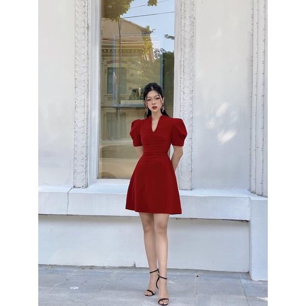 Đầm nhung cổ tim tay bồng nữ tính- Lily dress