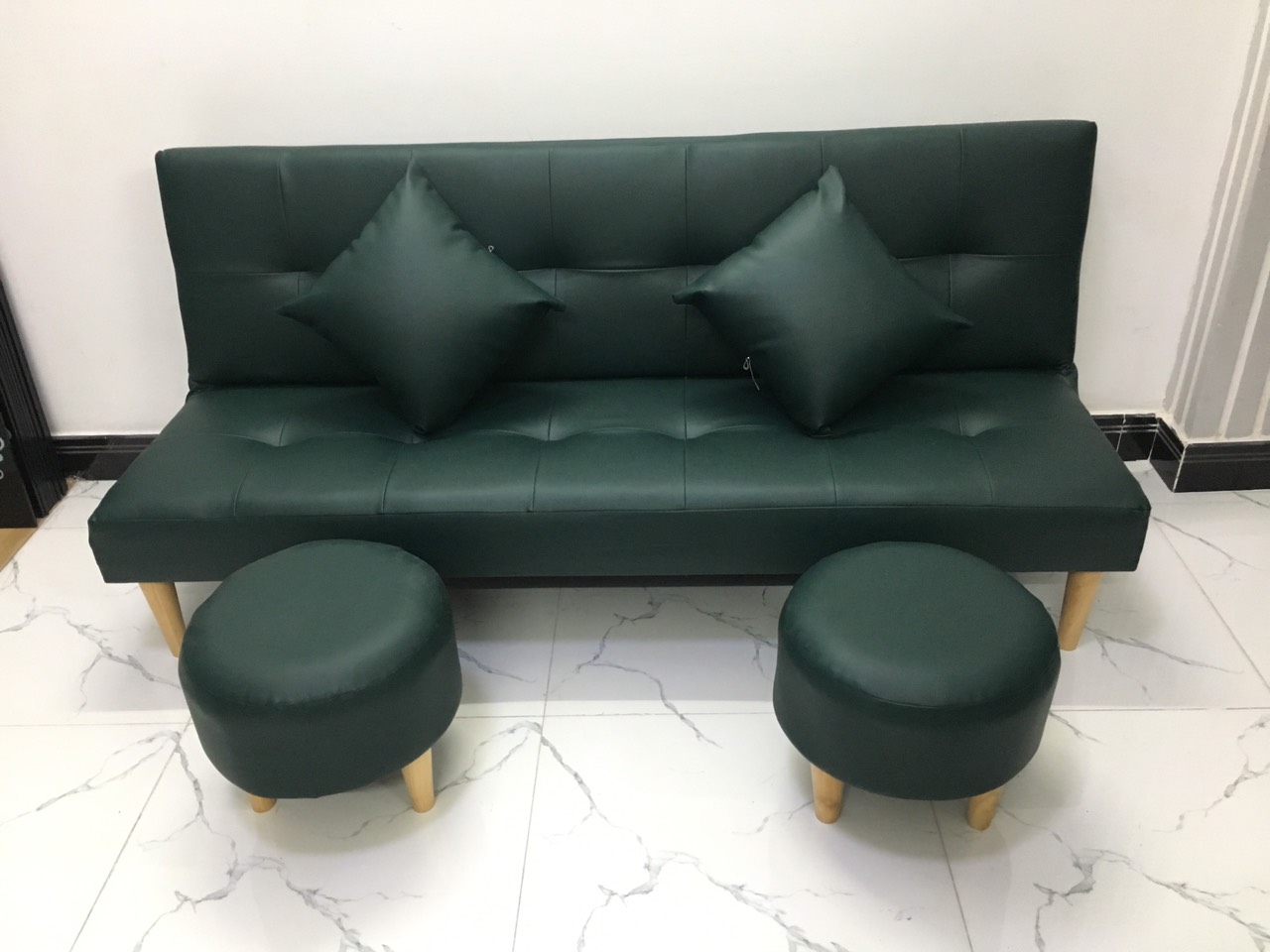 Sofa bed, sofa giường màu xanh lục và 2 đôn tròn SB15