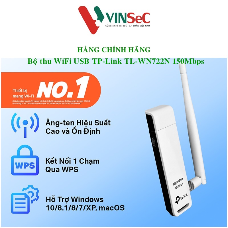 Bộ Thu Wifi USB TP-Link TL-WN722N Chuẩn N 150Mbps - Hàng Chính Hãng