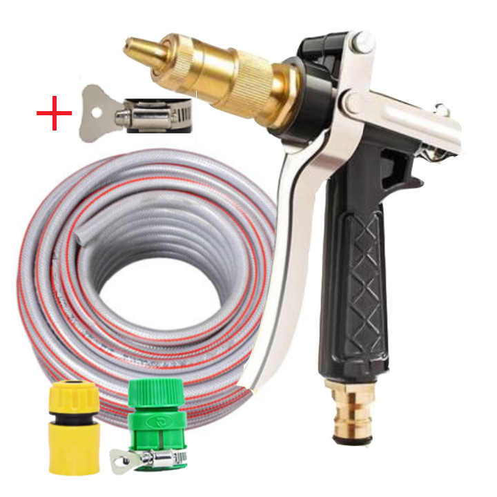 Bộ dây vòi xịt nước rửa xe, tưới cây đa năng, tăng áp 3 lần, loại 15m 206236 đầu đồng,cút,nối vàng+ tặng đai