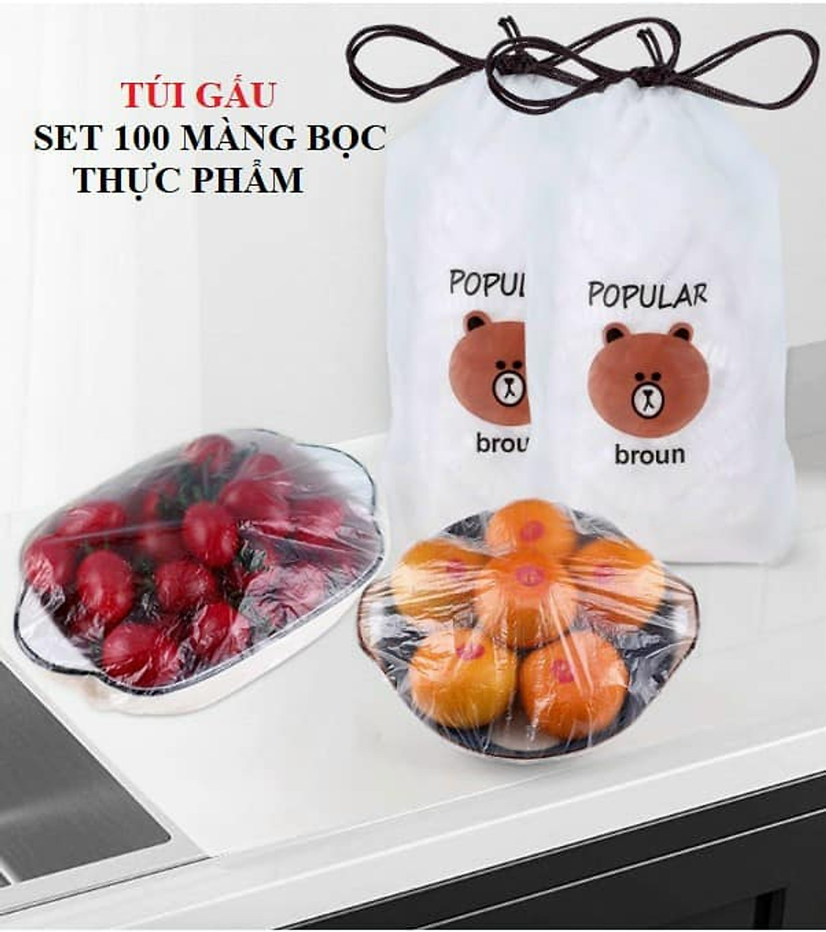 Màng bọc thực phẩm co giãn siêu dai có chun hình túi gấu set 100 chiếc