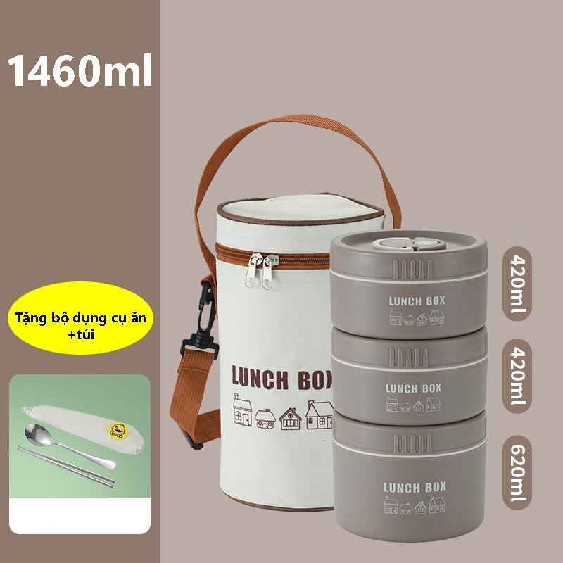 Hộp Đựng Cơm Giữ Nhiệt Lunch Box INOX 304 - Tặng kèm Túi + Bộ dụng cụ ăn