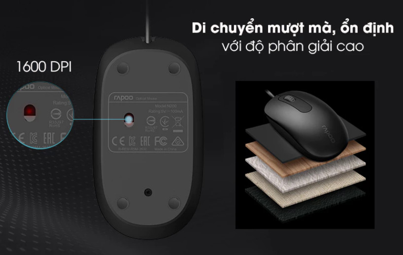 [ Hàng Chính Hãng ] Chuột Rapoo N200 - Kết nối USB - Bảo hành 24 tháng