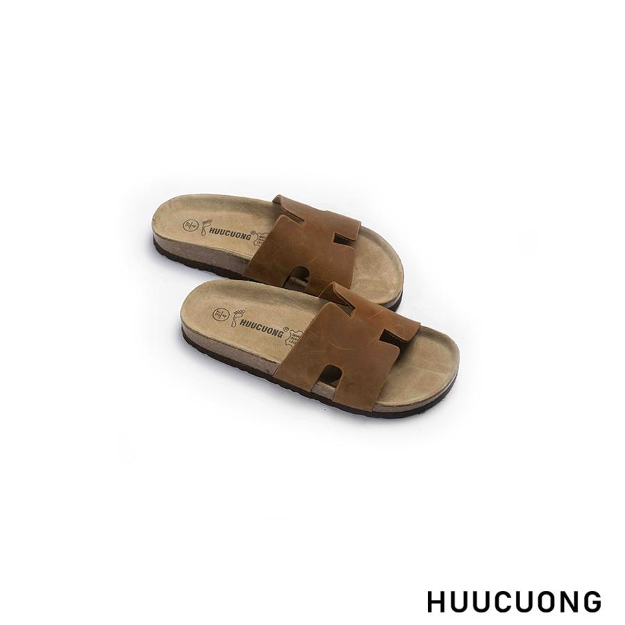 Dép unisex Huucuong chữ H da bò nâu đế trấu handmade