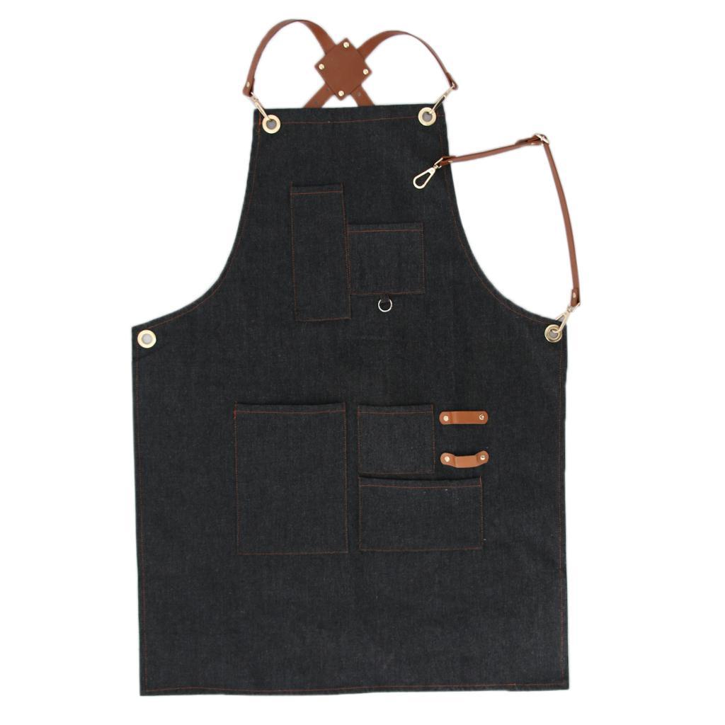 Men Women Denim Apron Bib with Pockets Cafe Kitchen Cooking Painting