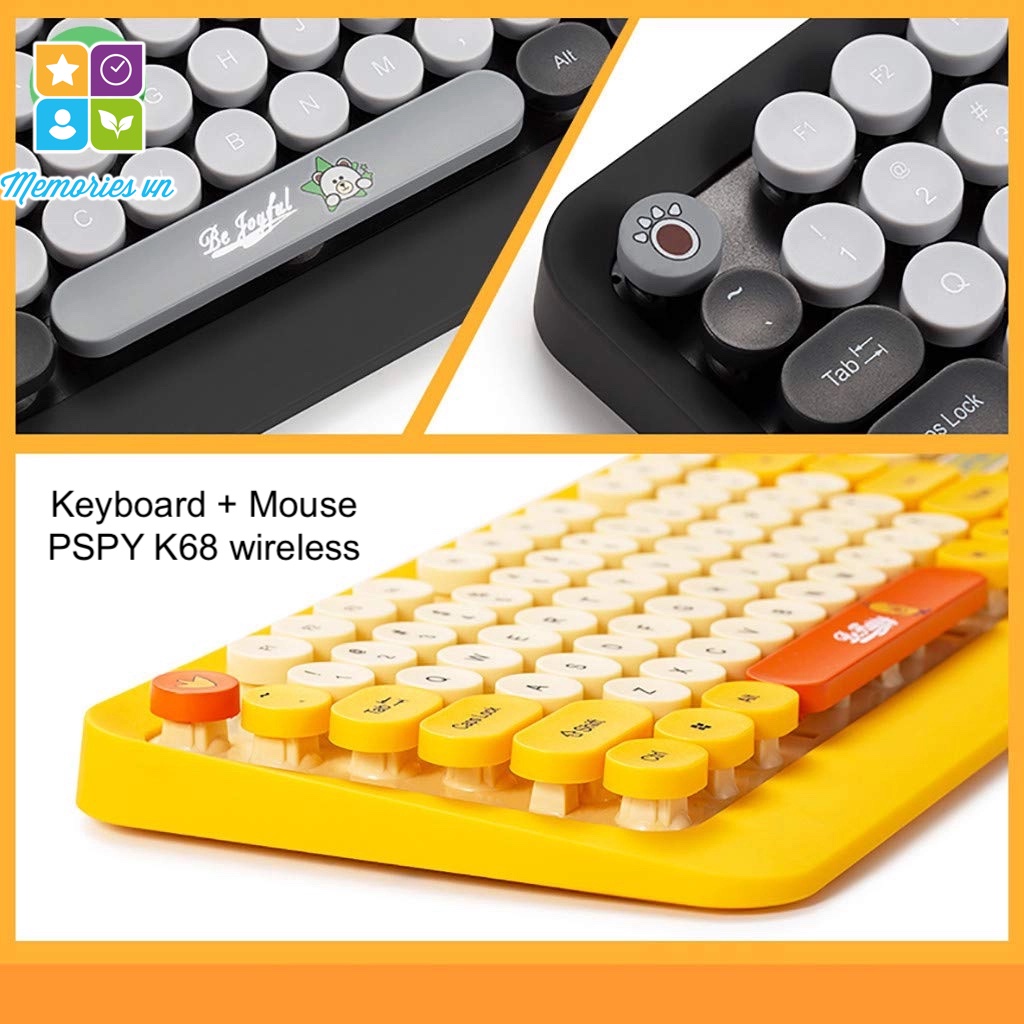 Combo Phím + Chuột PSPY K68 Cute không dây màu Vàng, Xanh, Đen, Keyboard Bluetooth văn phòng đẹp, chơi game chất lượng cao