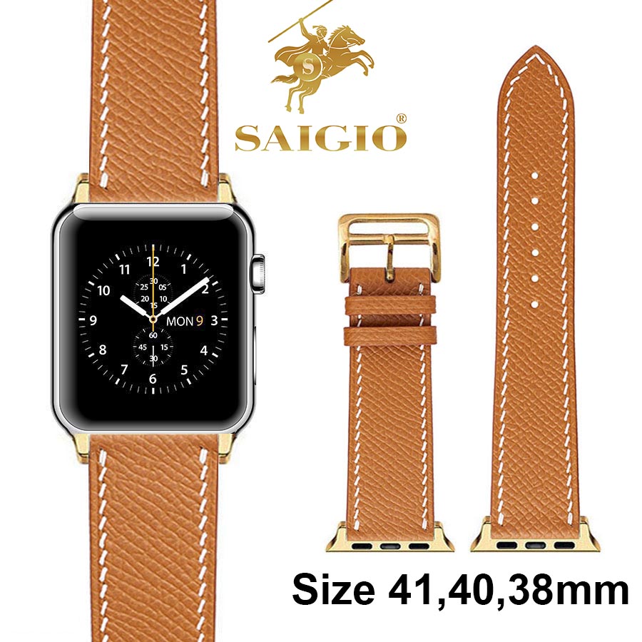 Dây Đồng Hồ Apple Watch 41mm 40mm 38mm, Chất Liệu Da Bê EPSOM Thảo Mộc Cao Cấp, Nhập Khẩu Từ Châu Âu, Dây Đeo Phong Cách Hiện Đại và Sang Trọng, Tương Thích Các Phiên Bản Series 8/7/6/5/4/3/2/1/SE/SE2 - Vàng Bò/Chỉ Trắng - ADAPTER VÀNG