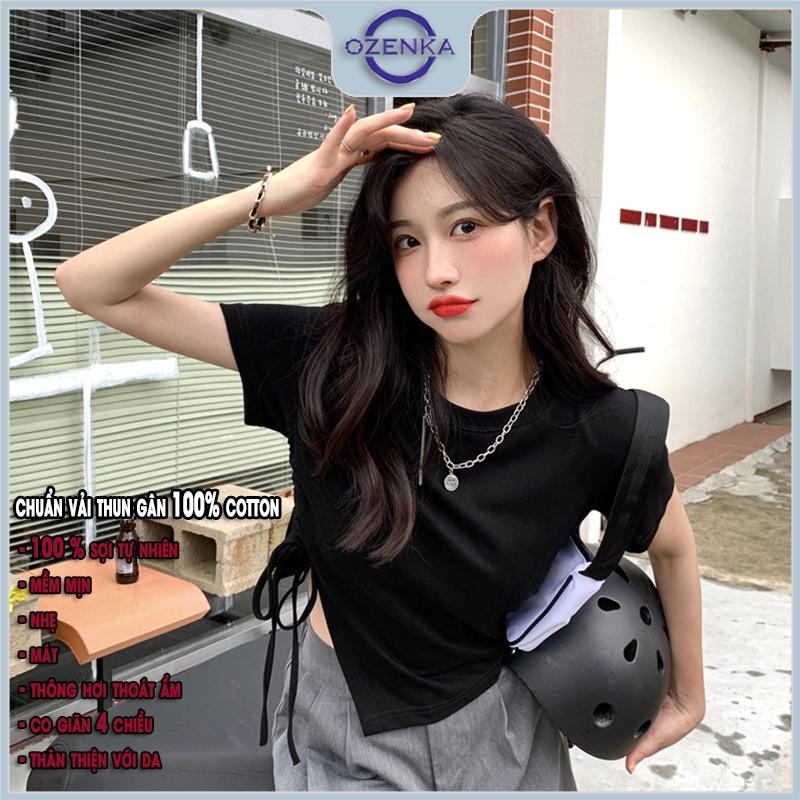 Áo croptop ulzzang kiểu vạt chéo rút dây rộng cổ tròn OZENKA , áo crt thun cotton basic màu đen trắng mặc đi học đi chơi