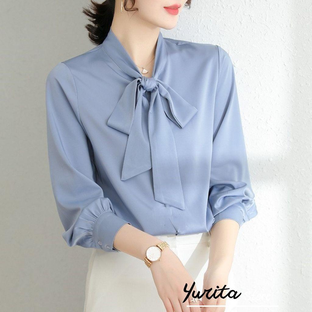 Áo Sơ Mi Kiểu Công Sở Đẹp YURITA Tay Dài Cổ Thắt Nơ Màu Xanh Chất Lụa Cao Cấp From Rộng Hàn Quốc Ulzzang Vintage A1X
