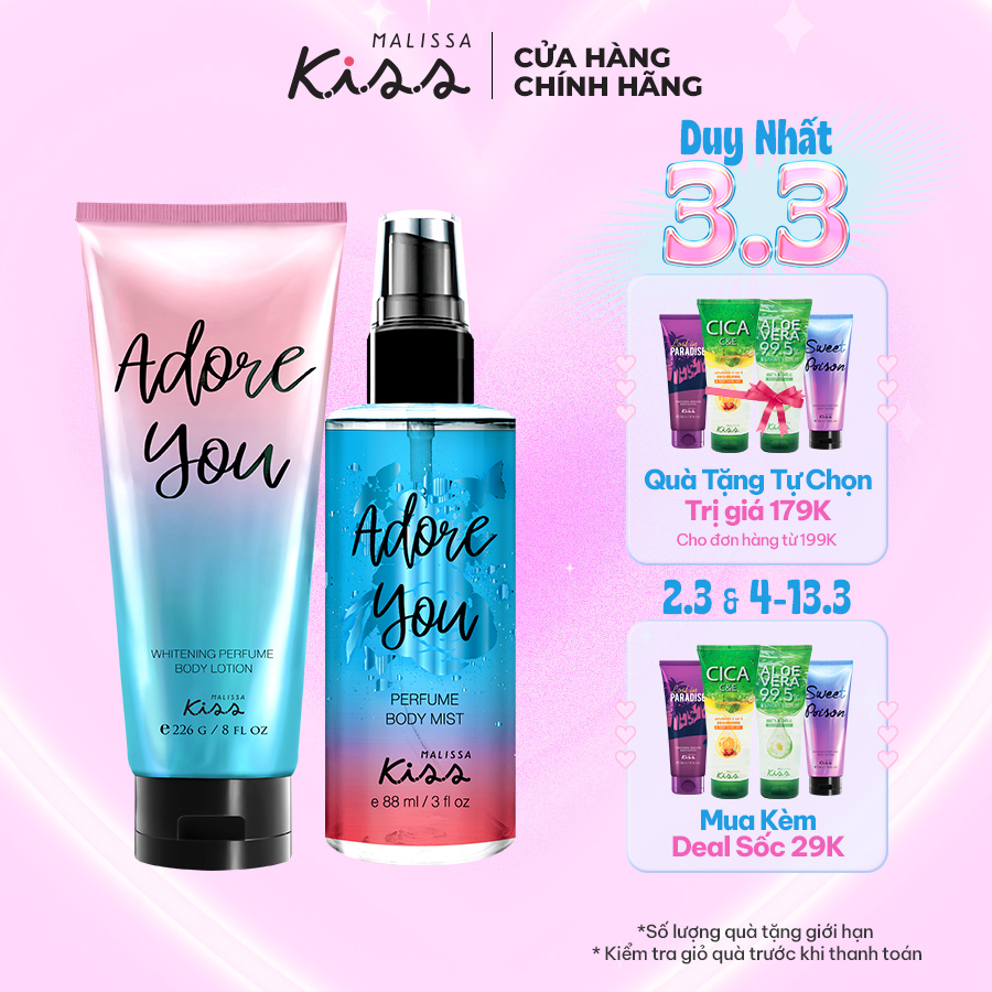 Bộ Đôi Malissa Kiss Body Lotion &amp; Body Mist Hương Adore You 226G