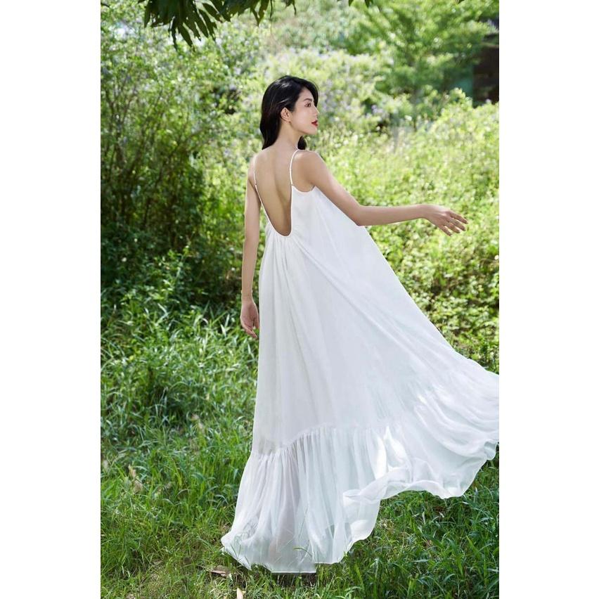 Đầm Maxi Hai Dây Hở Lưng Thiết Kế Đi Biển, Váy Maxi Đuôi Cá Cao Cấp ELYSIA DRESS