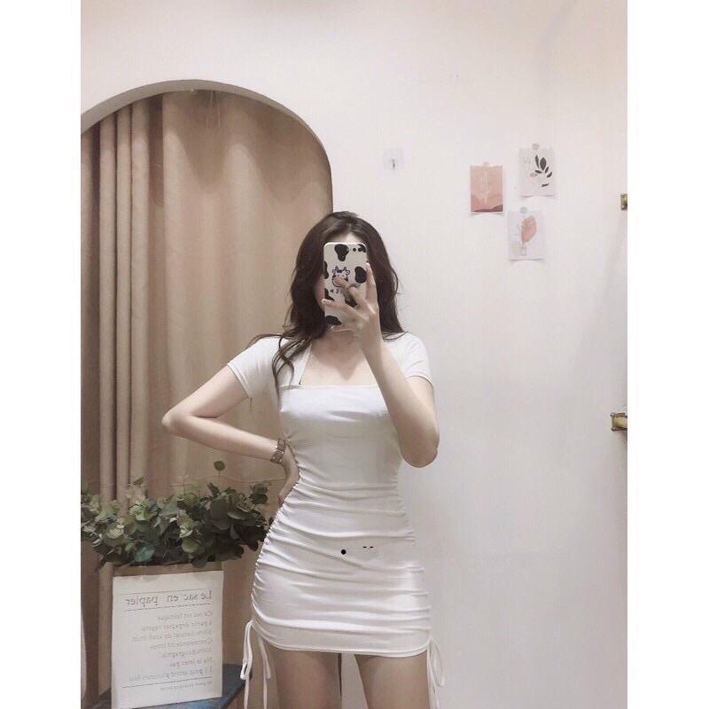 Đầm body ngắn tay cổ vuông rút eo siêu xinh