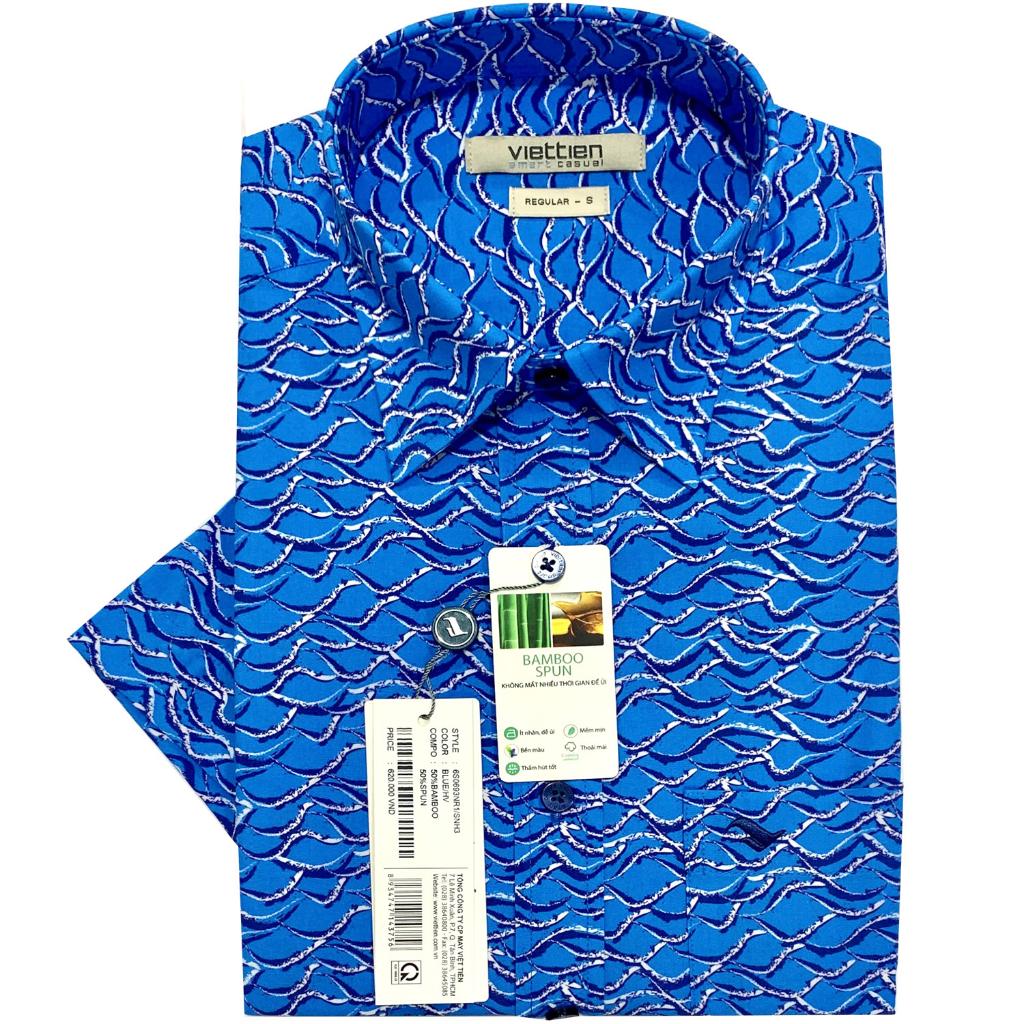 Việt Tiến - Áo sơ mi nam ngắn tay xẻ tà lai ngang Bamboo Regular hoạ tiết hoa lá 6S0693 - Blue