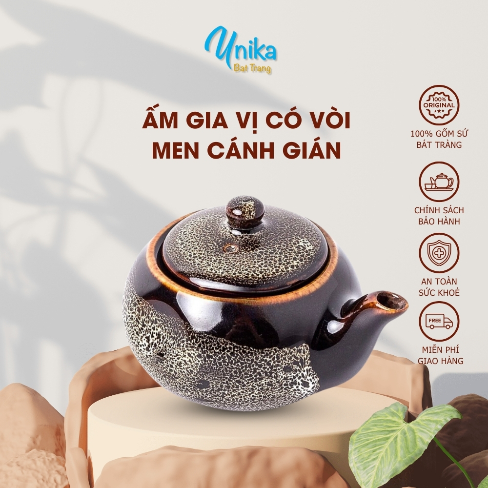 Ấm mắm dẹt men cánh gián - Lọ gia vị có vòi men bôi hỏa biến - ấm đựng nước chấm gốm Unika Bát Tràng