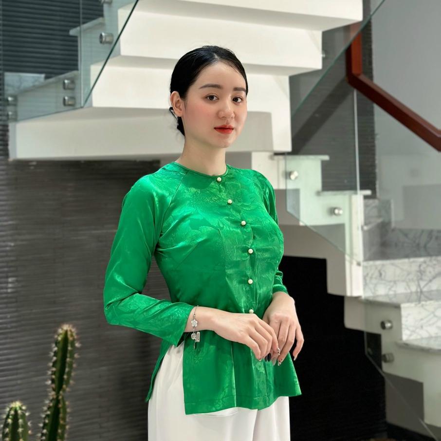 (BÀ BA GẤM cổ tròn QUẦN VÀ ÁO BÁN RIÊNG) Trang phục truyền thống, Bộ quần áo Phật tử, đồ lam đi chùa mẫu nữ vải gấm - Quần trắng (Ko áo)