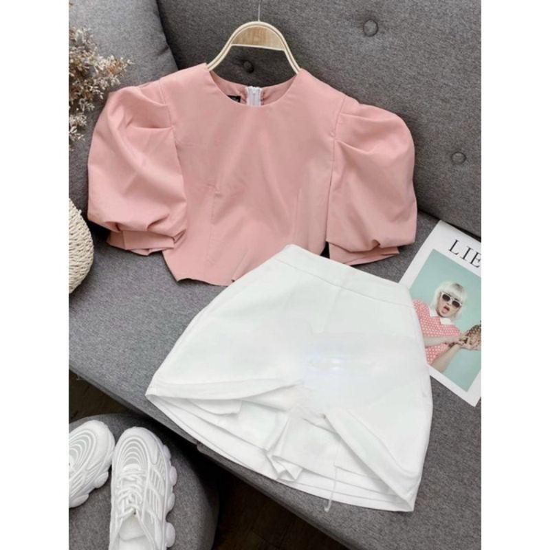 Áo Croptop Tay Phồng YURITA Khoá Sau Cổ Tròn Style Hàn Quốc Tiểu Thư Dễ Thương Tay Ngắn Nhiều Màu Chất Dày Dặn