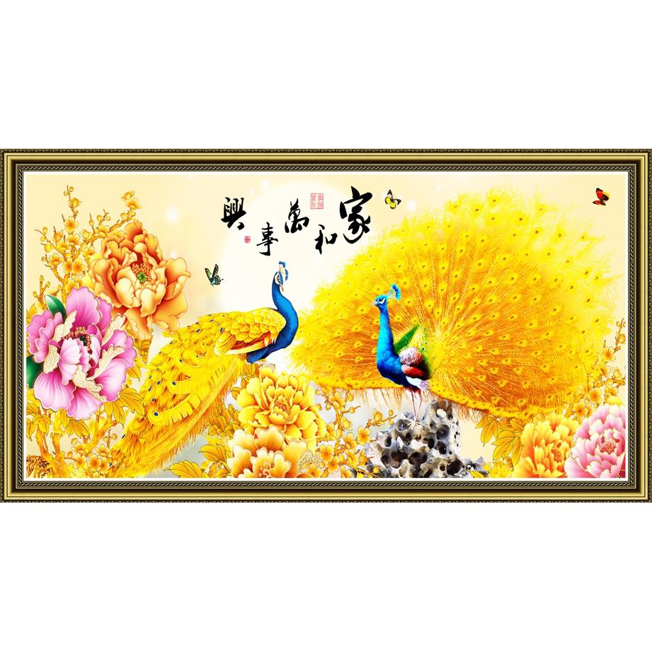 Tranh dán tường HD Đôi chim công vàng LunaTM-0202K Kim sa
