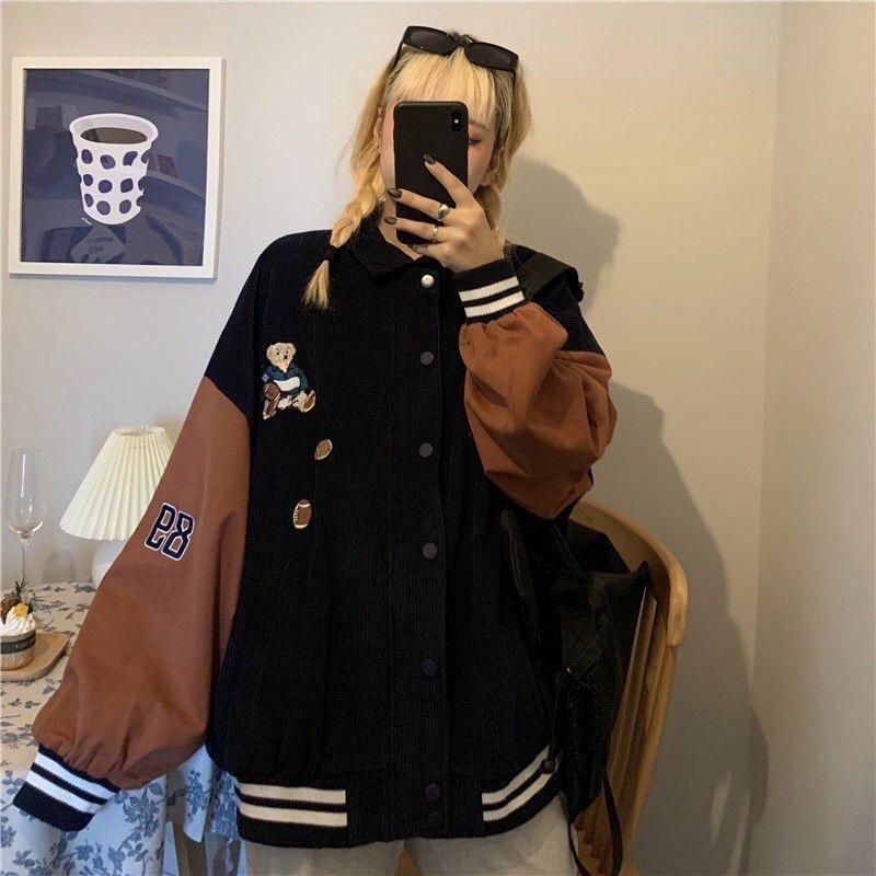 Áo khoác nhung bomber, áo bomber nhung gân maẫ thêu hình gấu, Áo Khoác Bomber Nhung 2 Lớp