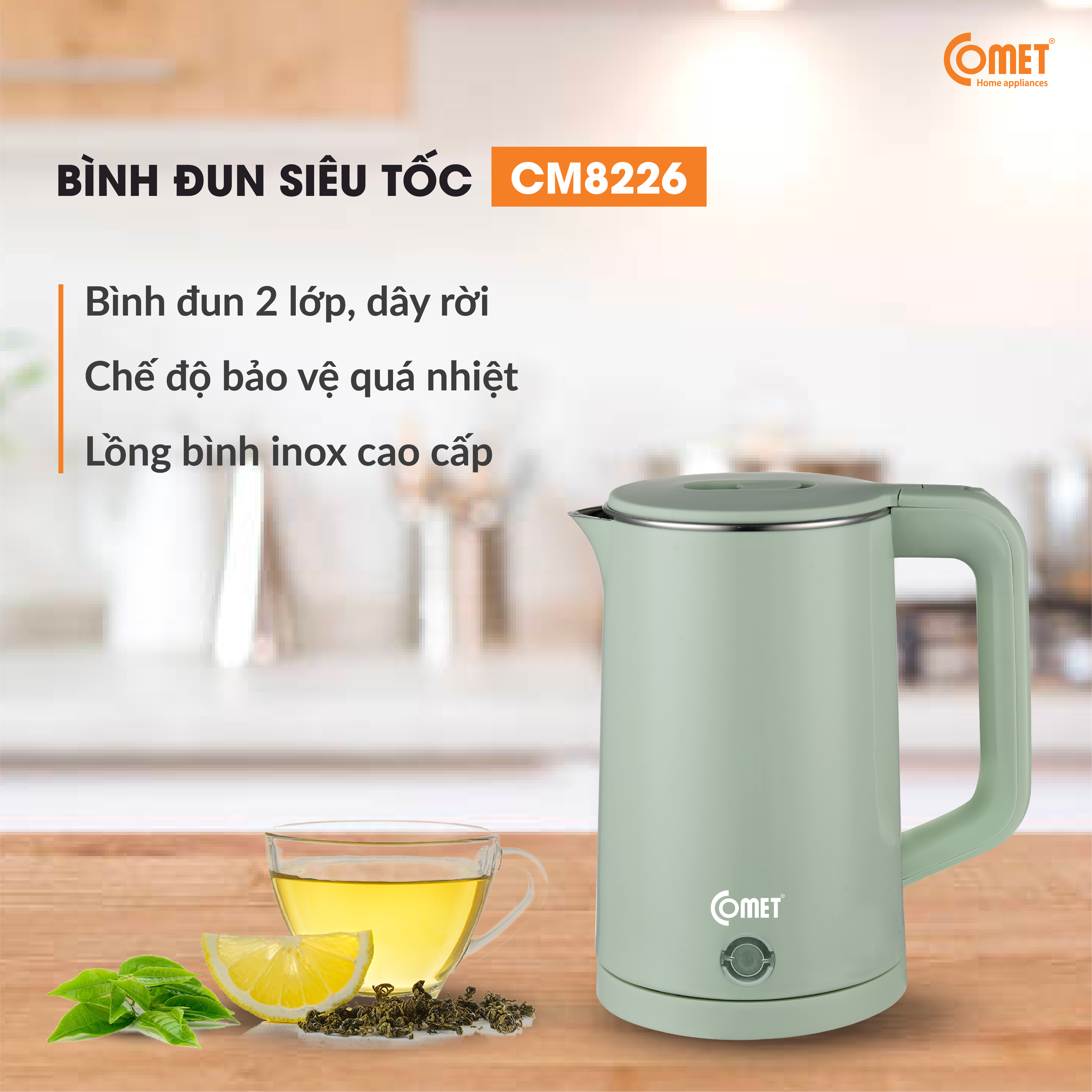 Bình đun siêu tốc 2 lớp cách nhiệt 1.8L COMET CM8226 , công suất 1500W, dây nguồn rời lõi đồng an toàn sử dụng, chế độ ngắt điện tự động - Hàng chính hãng - Bảo hành 12 tháng