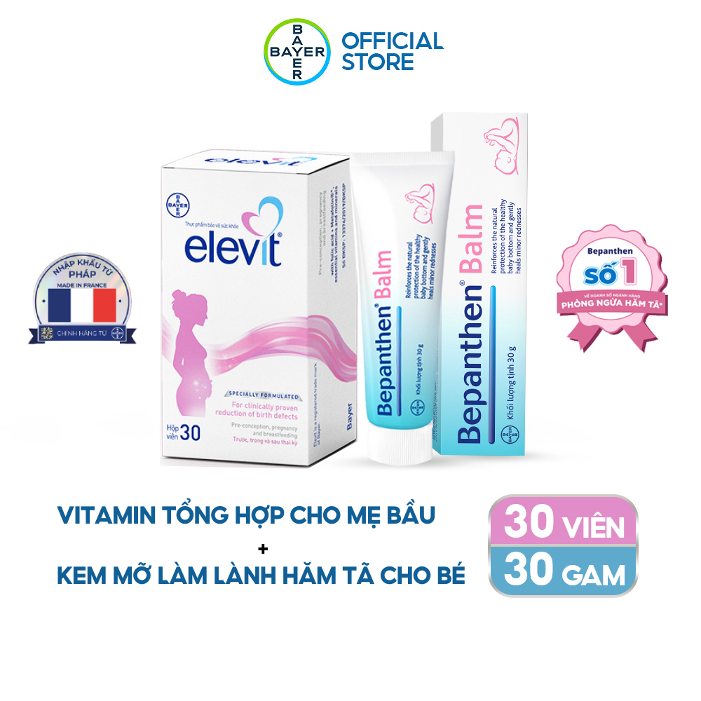 Combo Vitamin Bầu Tổng Hợp ELEVIT Bổ Sung Vitamin và Khoáng Chất Cho Phụ Nữ Mang Thai và Sau Sinh Hộp 30 Viên và Kem Chống Hăm BEPANTHEN Balm Dạng Kem Mỡ Tuýp 30G