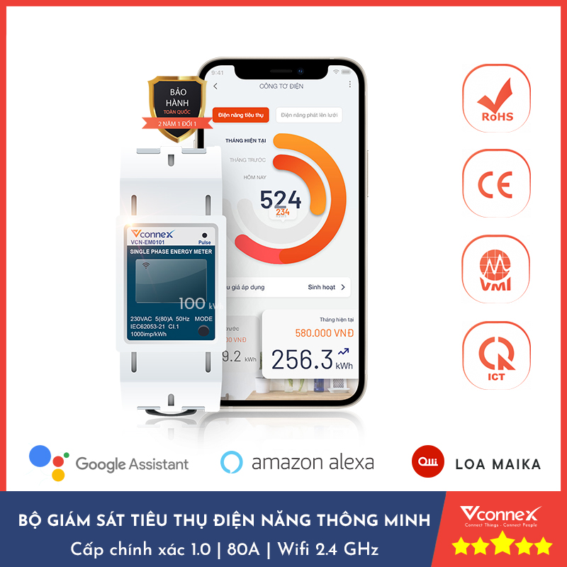 Thiết bị giám sát tiêu thụ điện năng thông minh Vconnex, kết nối app,có chứng chỉ đo lường,