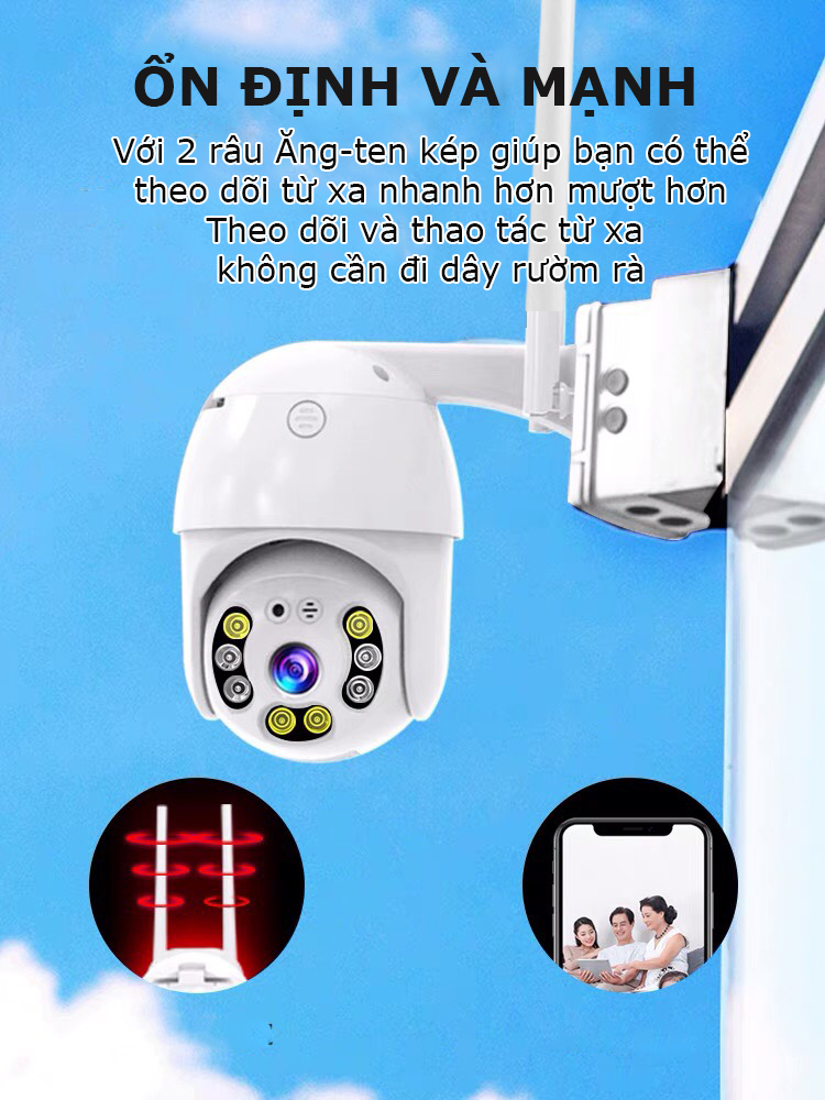Camera ngoài trời wifi 2 râu xoay 360 độ điều khiển từ xa, có màu ngày đêm - CCTV hồng ngoại giám sát - Kết nối điện thoại - chống nước, chống bụi bẩn