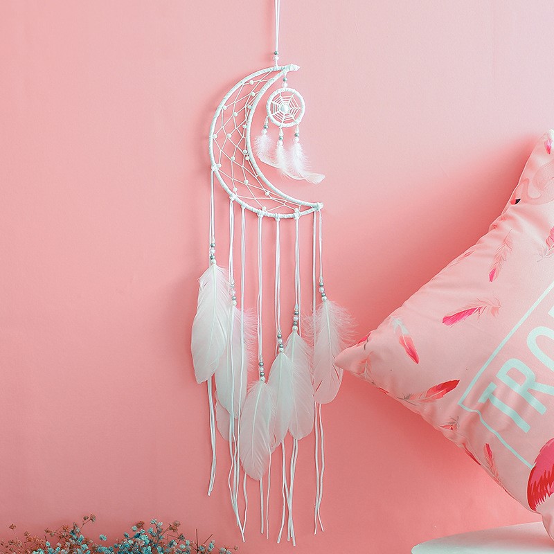 Dream Catcher Mặt Trăng Lớn Phối Lông Vũ Tua Rua Dài