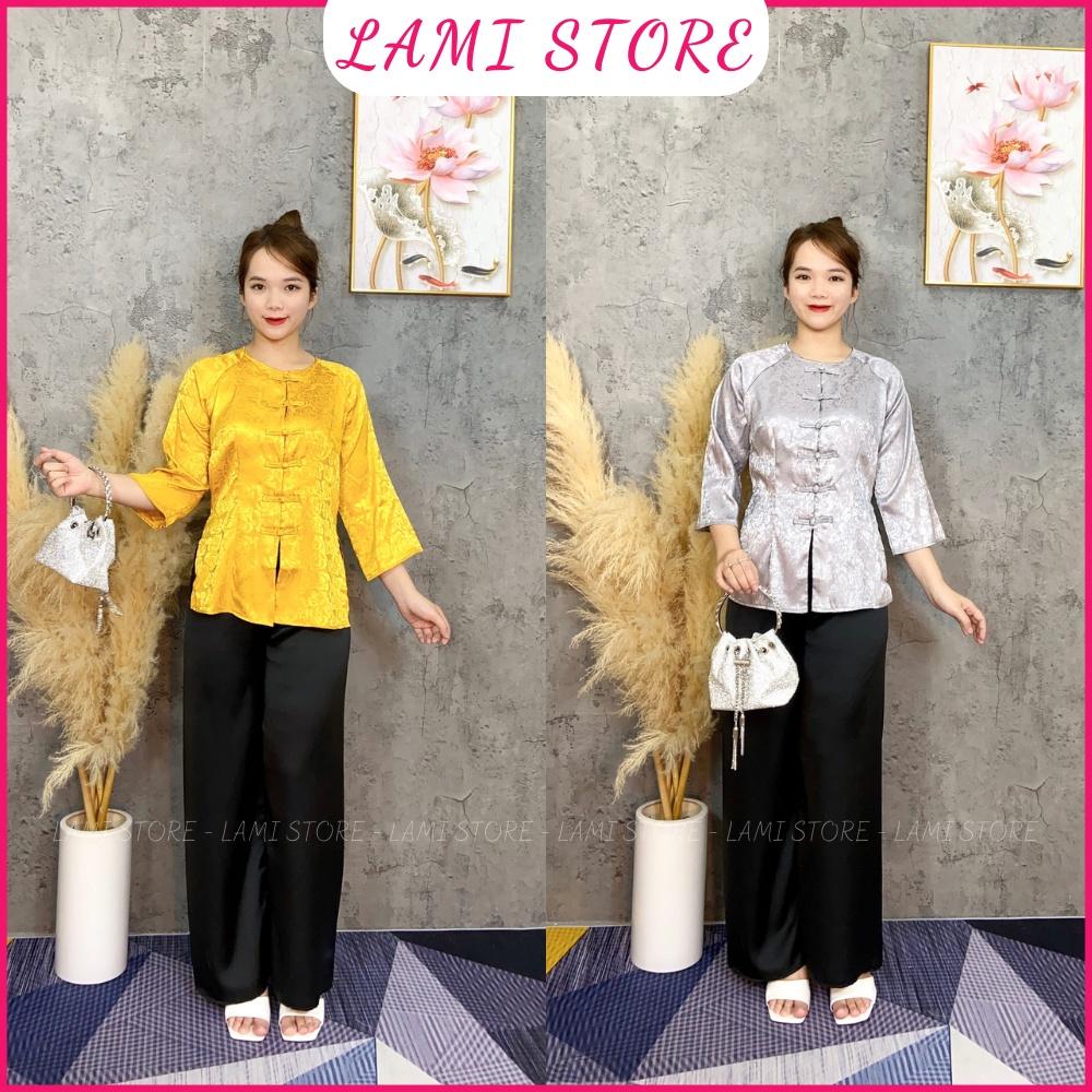 Đồ lam đi chùa nữ bộ lễ phục bà ba lụa gấm tay lỡ cao cấp đẹp thiết kế cao cấp trang nhã LAMI STORE V12