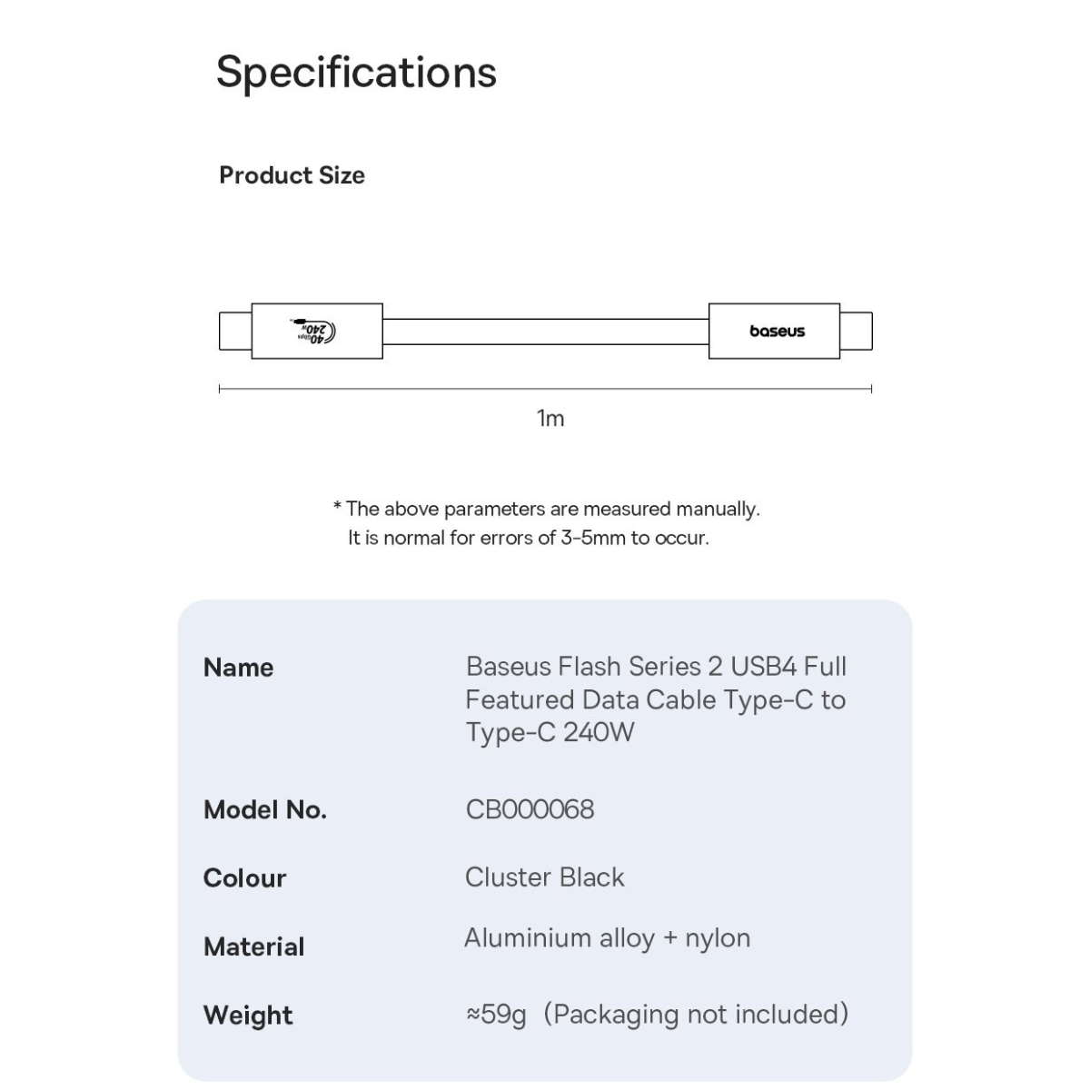 Cáp sạc nhanh và hỗ trợ truyền tải video Type-C to Type-C Baseus Flash Series 2 USB4 Full Featured Data Cable 40Gbps 240W 8K/60Hz - Hàng chính hãng