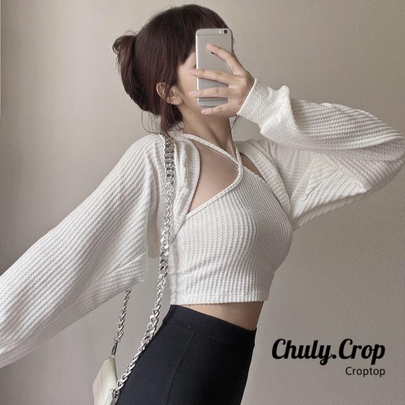 Set áo croptop cổ yếm kèm áo khoác cardigan tay bồng phong cách Hàn Quốc