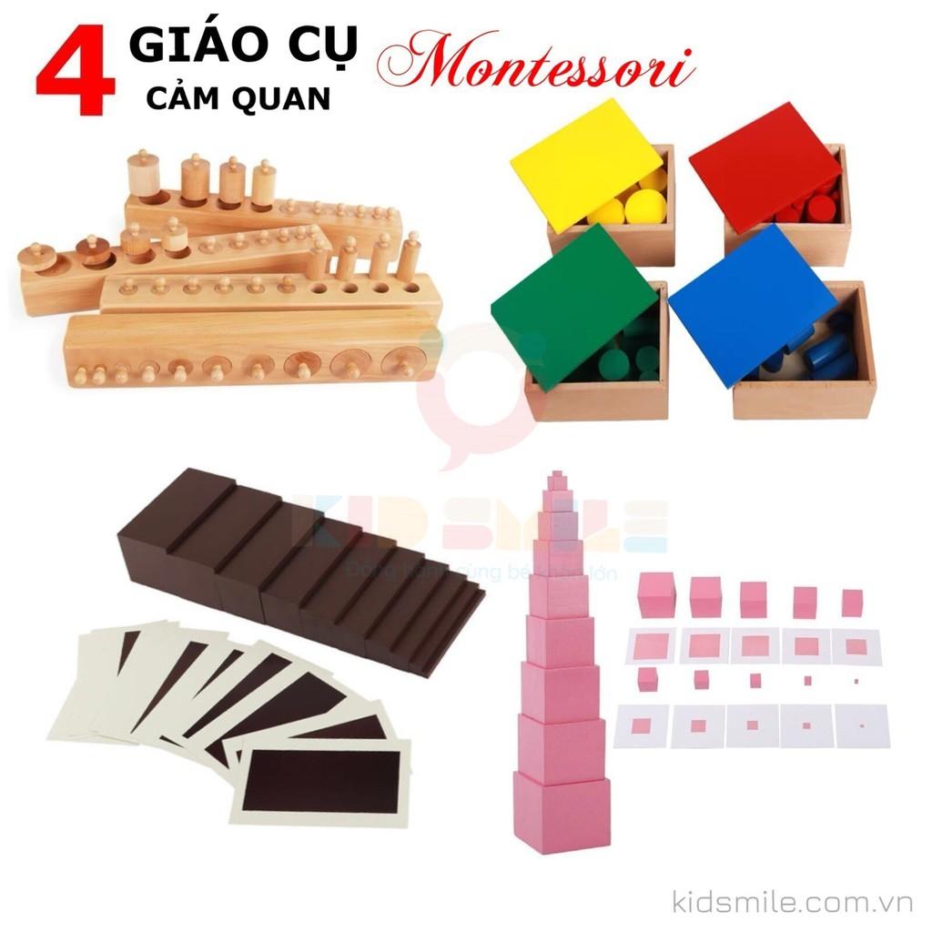 Giáo Cụ Montessori cơ bản thuộc lĩnh vực cảm quan gồm Bộ trụ có núm, không núm, thang nâu, tháp hồng