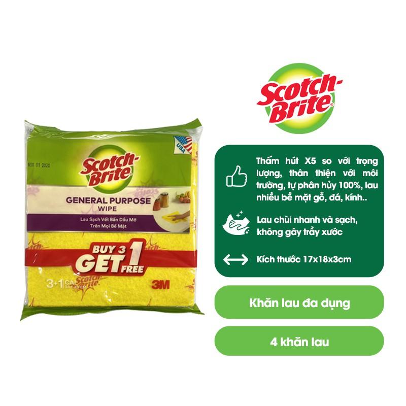 Combo 4 Khăn lau đa năng Scotch-Brite 3M 34x35cm không gây trầy xước, thấm hút nước gấp 20 lần, không để lại bụi