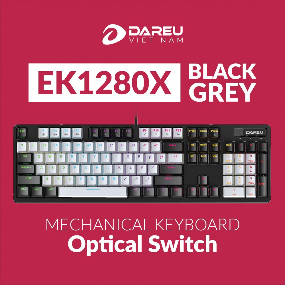 Bàn phím quang cơ Gaming DAREU EK1280X BLACK-GREY (WATERPROOF, Optical switch, MULTI LED) - Hàng Chính Hãng