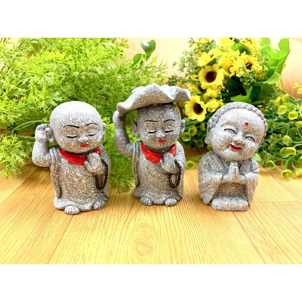 Full Set Bộ 3 Tượng Chú Tiểu Đội Lá Sen Màu Đá