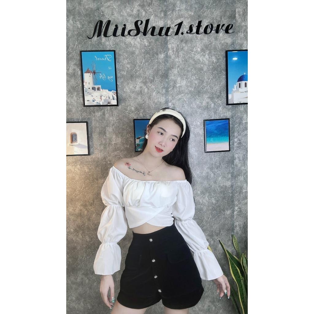 Áo Croptop Cổ Vuông Nhún Tay Nơ Lưng