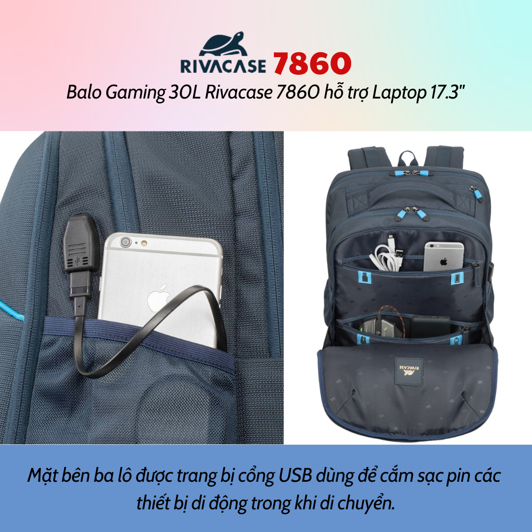 Balo Gaming 30L Rivacase 7860 Hỗ Trợ Laptop 17.3&quot; - Bảo Hành 24 Tháng - Hàng Chính Hãng