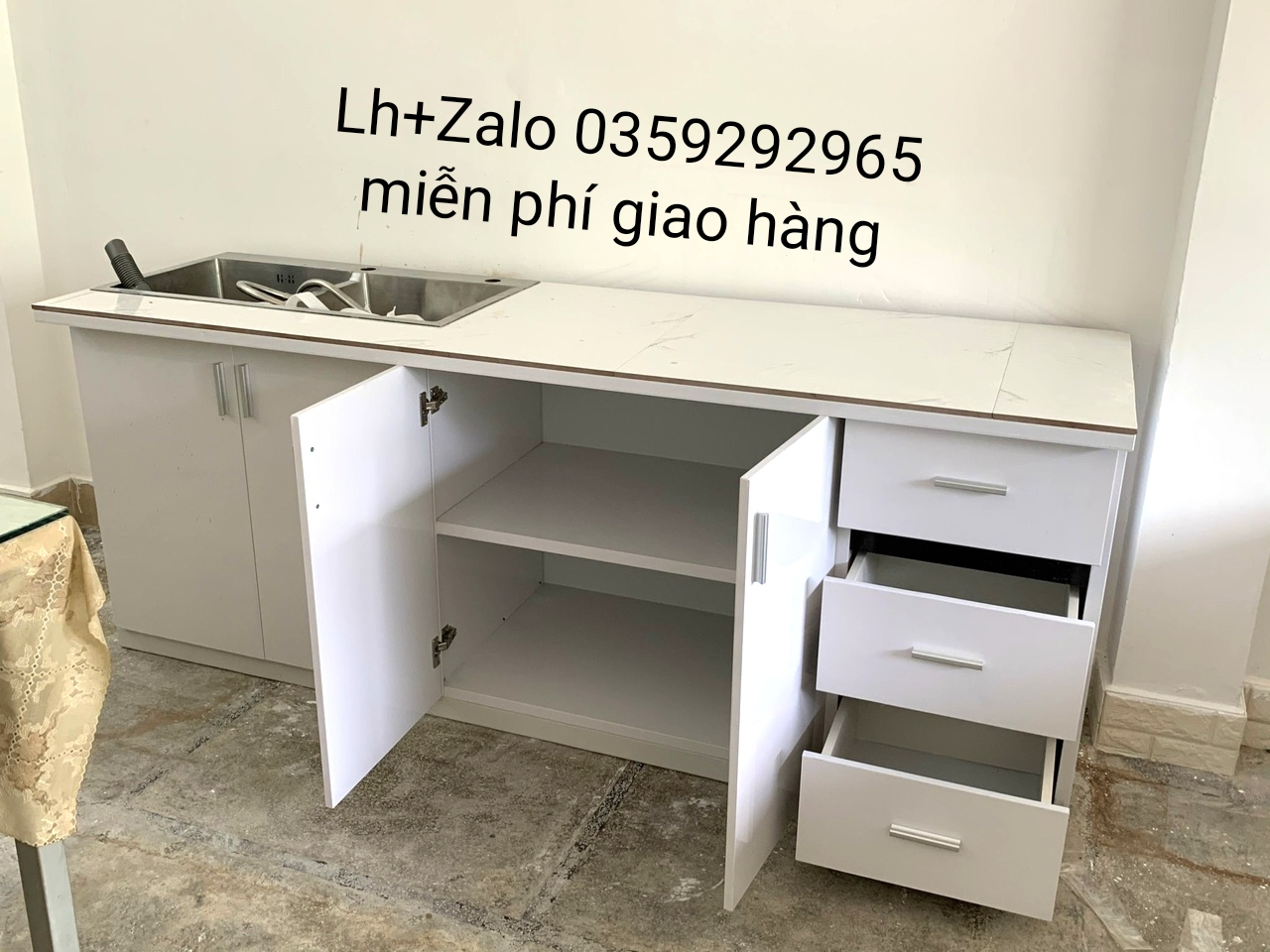 Tủ bếp mini nhựa đài Loan mặt gạch 2 chậu rửa