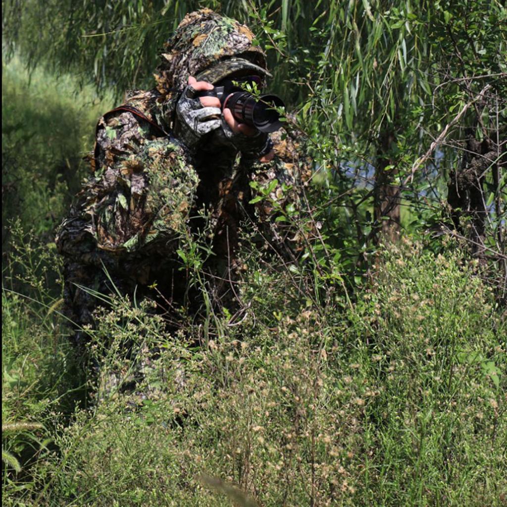 2x Breathable Leafy Camo Hooded Stretchy Ghillie Suits Clothes Jacket Pants Lightweight for Child Unisex Outdoor Hunting Shooting Wildlife Photography