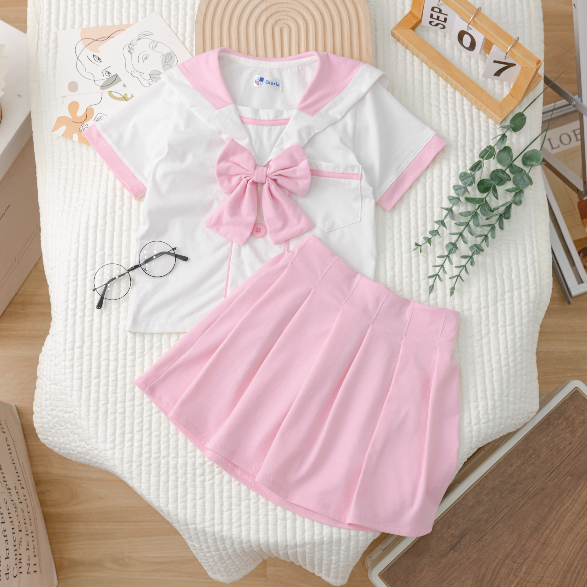 Set đồng phục nữ sinh trắng hồng bé gái kiểu Hàn Quốc từ 4-8 tuổi Gloria kids