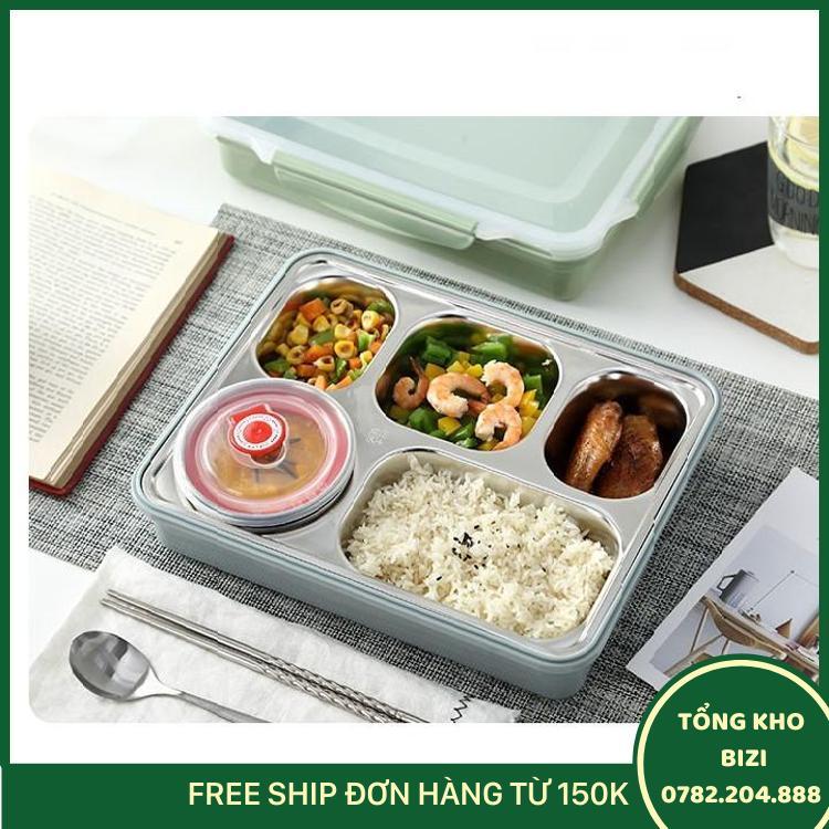 Hộp Cơm Văn Phòng Inox 5 Ngăn Giữ Nhiệt Nắp Đậy Chống Tràn Tặng Kèm Đũa Thìa Inox Tiện Ích, Khay Đựng Cơm Inox 304 - Free Ship Toàn Quốc