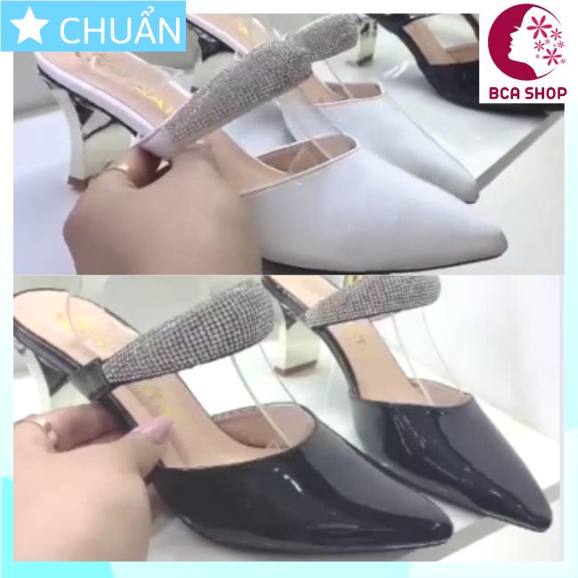 Giày cao gót nữ màu trắng 5p RO440 ROSATA tại BCASHOP quai ngang gắn hạt kim cương nhỏ, gót kiểu guốc sành điệu