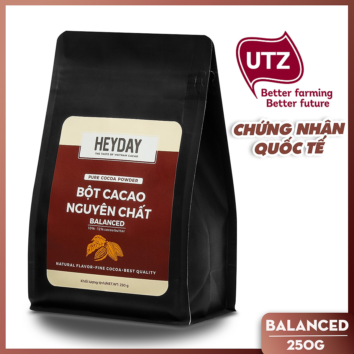 Bột cacao nguyên chất 100% Việt Nam - Dòng Balanced phổ thông túi 250g - Chuyên dùng làm bánh, pha chế cho quán cà phê - Heyday Cacao