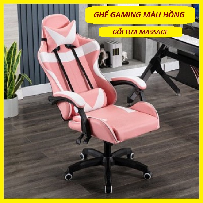 Ghế Game Màu Hồng - Gối Tựa Massage Lưng. Dáng Thể Thao. New Model