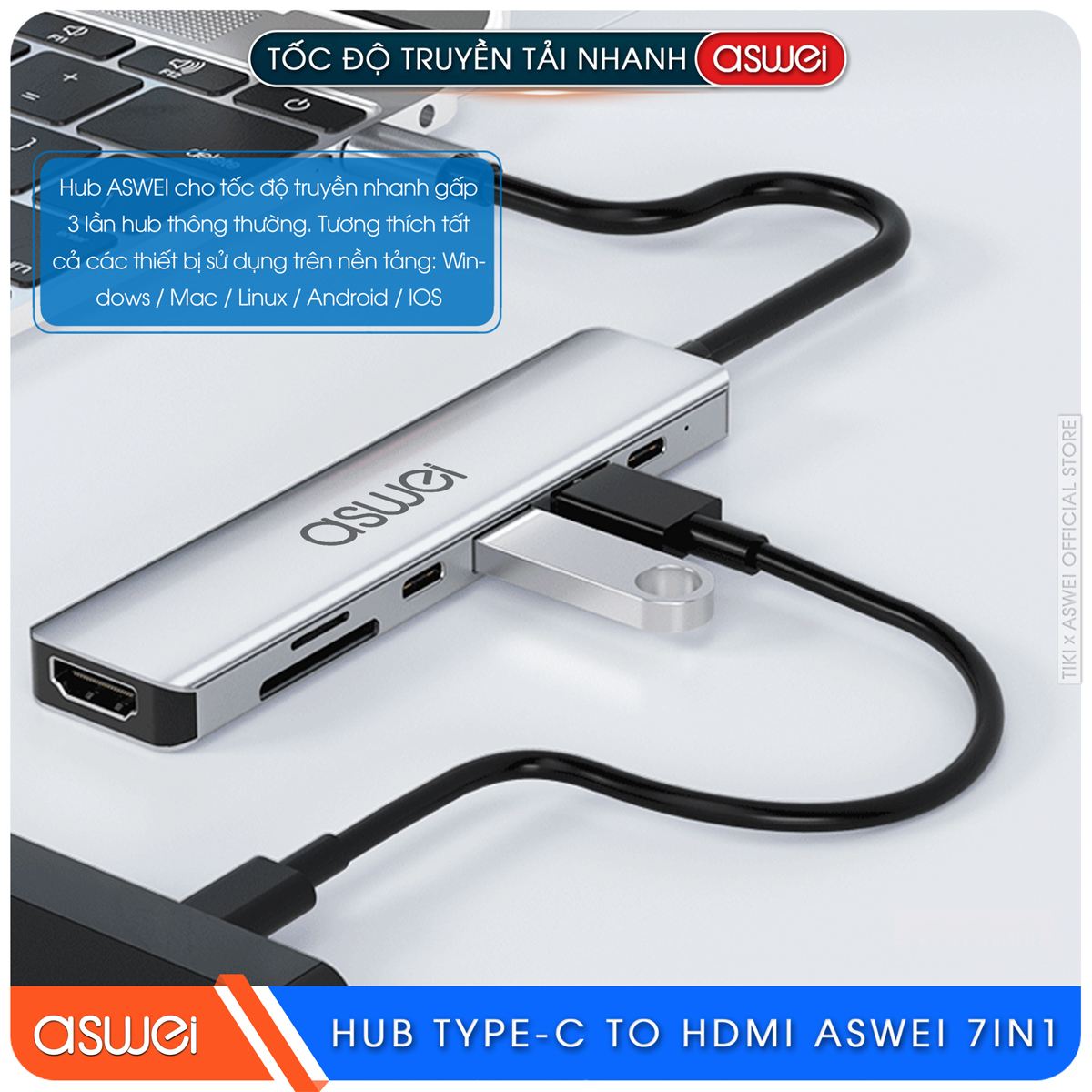 Hub Type C ASWEI 7 in 1 To HDMI, USB 3.0, SD, TF, USB-C, PD 100W - Hàng Chính Hãng