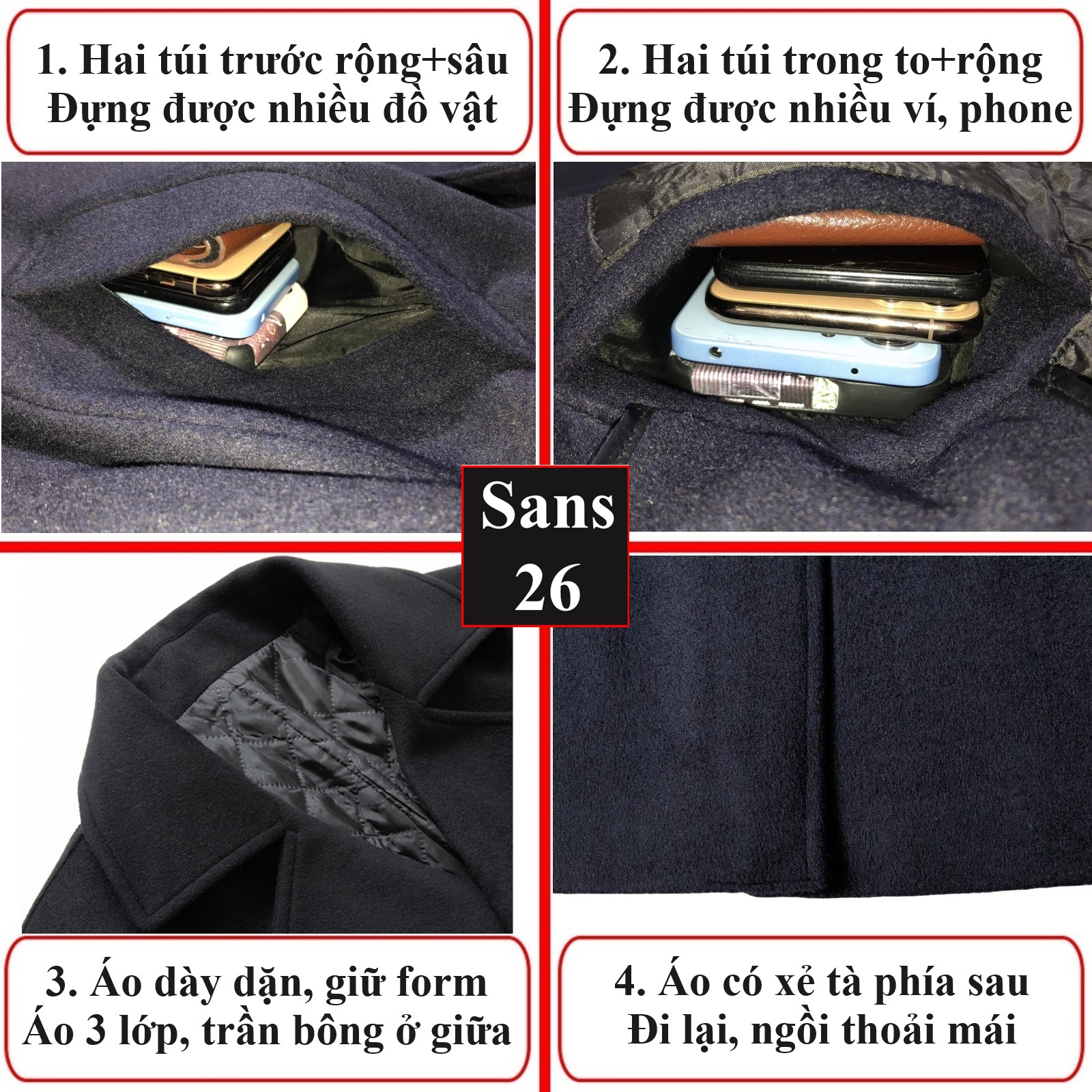 Hình ảnh Áo măng tô nam lông cừu cao cấp Sans26 dáng vừa xanh than xám đen nâu đen big size 3xl 80kg 90kg 100kg 110kg 120kg