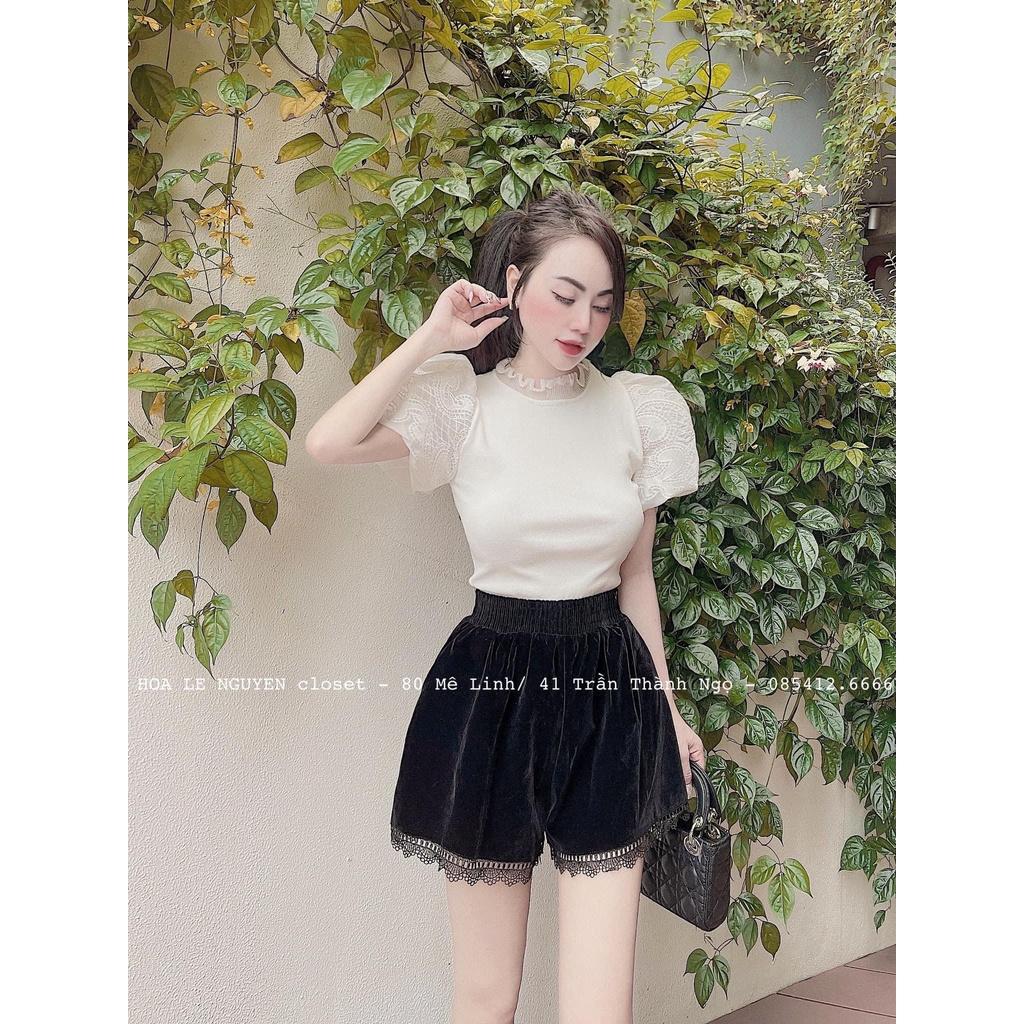 Quần short nhung phối ren cạp cao thời trang 694