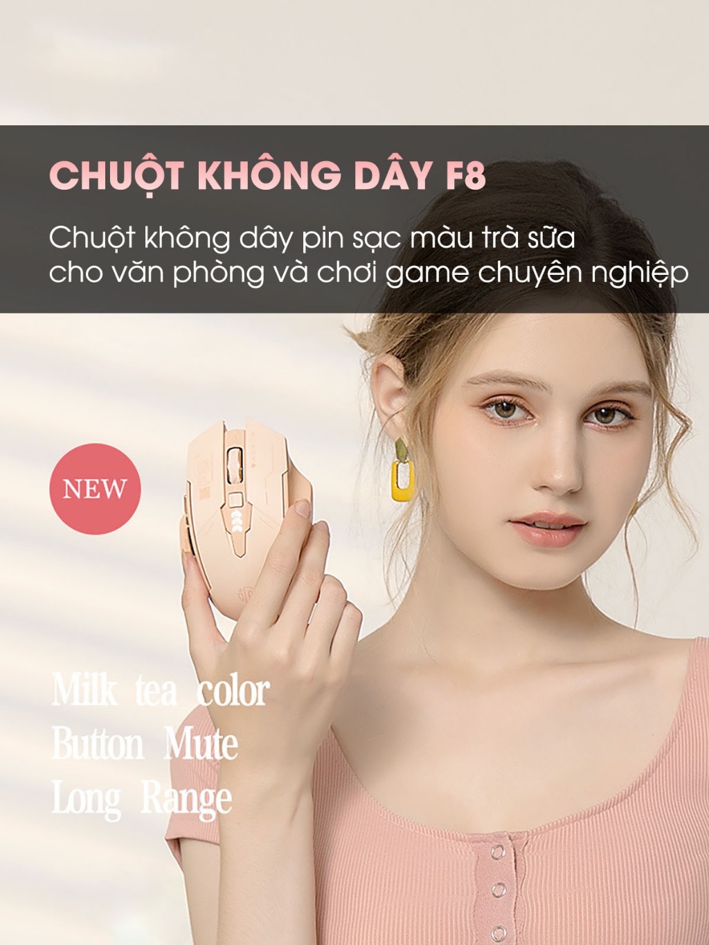 ￼Chuột không dây TEKKIN F8 trà sữa cute gaming silent chống ồn ko dây bluetooth wireless 2.4G laptop máy tính - hàng chính hãng