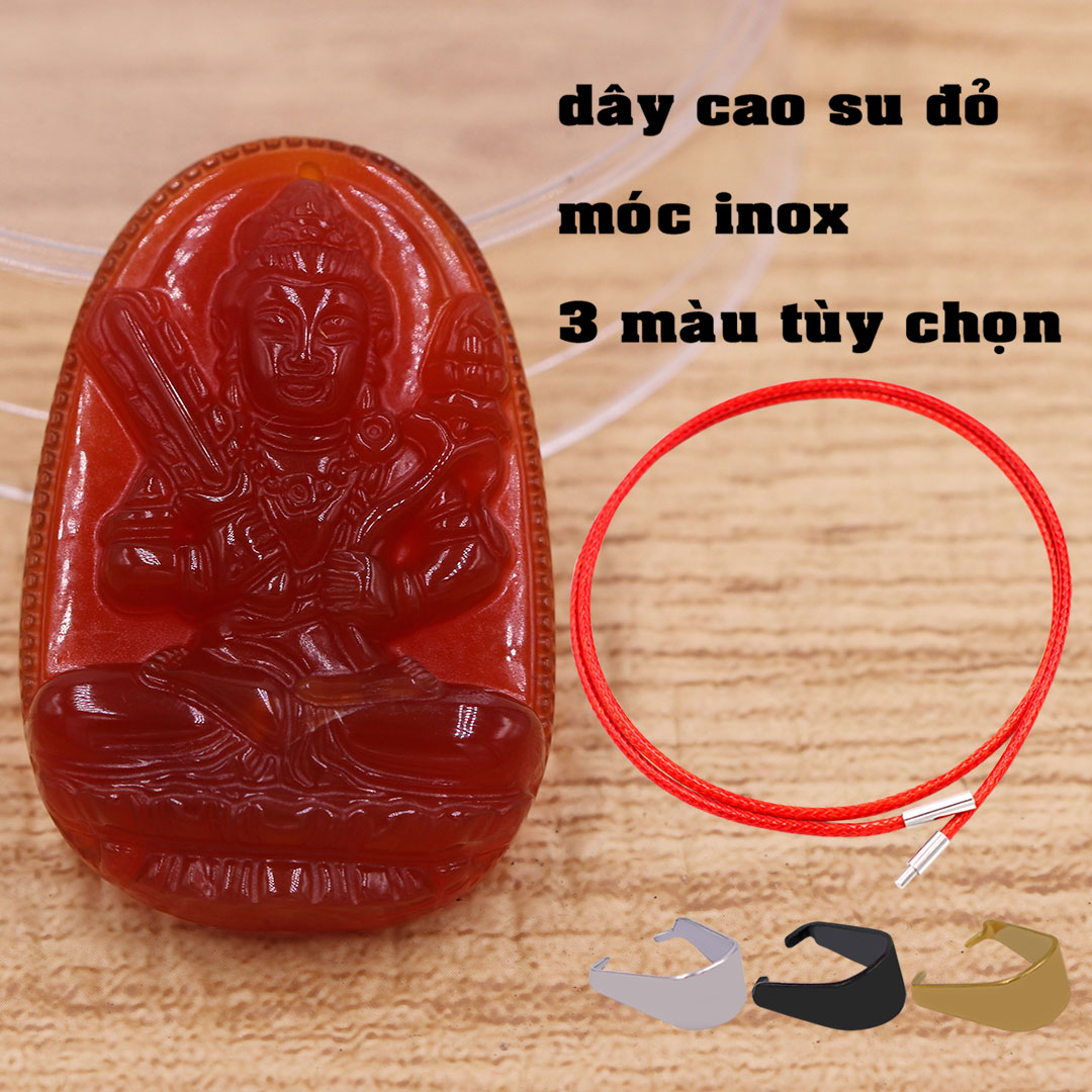 Mặt dây chuyền Hư không tạng bồ tát mã não đỏ 3.6 cm kèm vòng cổ dây cao su đỏ, Phật bản mệnh, mặt dây chuyền phong thủy