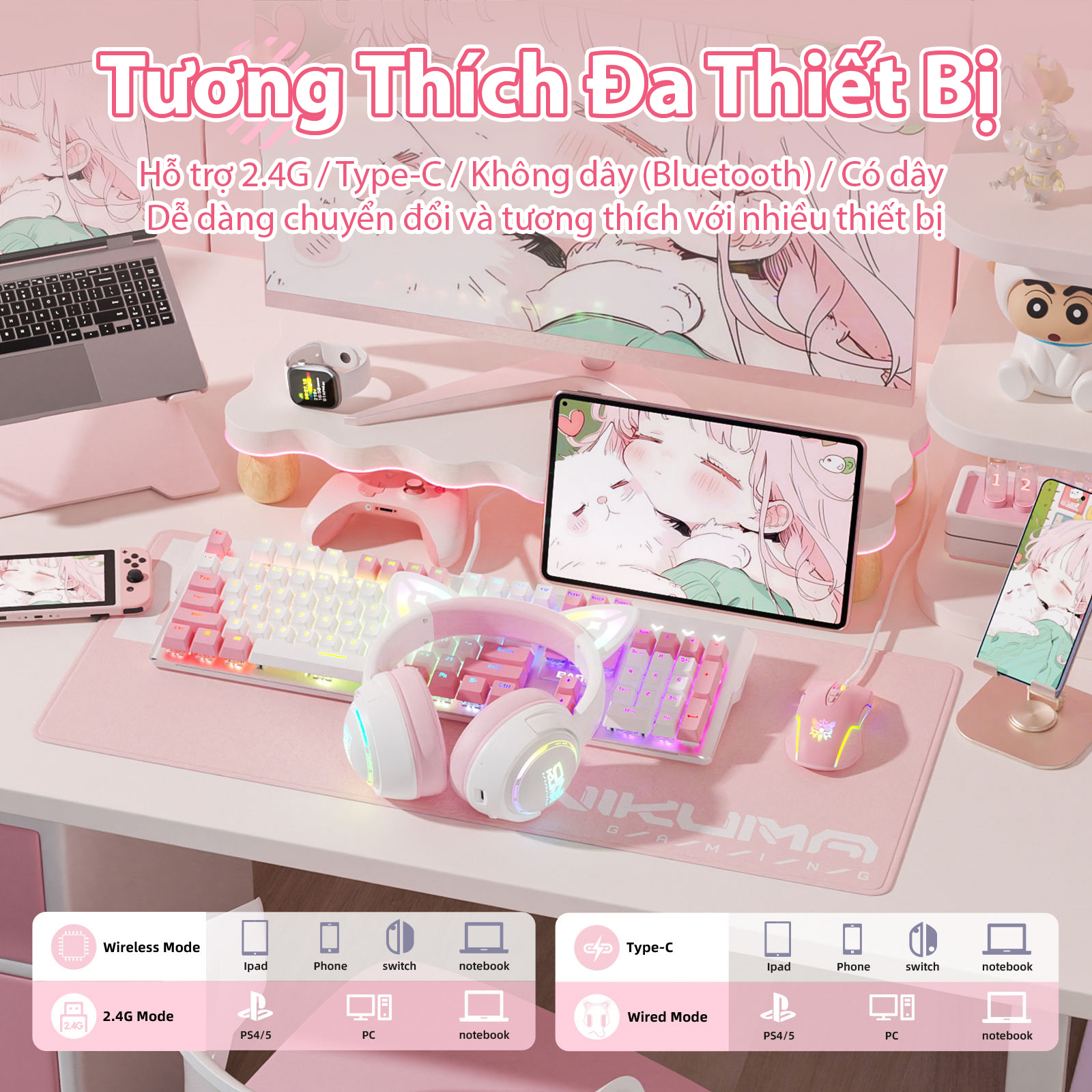 TAI NGHE ONIKUMA GT838 (2.4G+Bluetooth+Wired) Tri-Mode White Pink - Hàng Chính Hãng