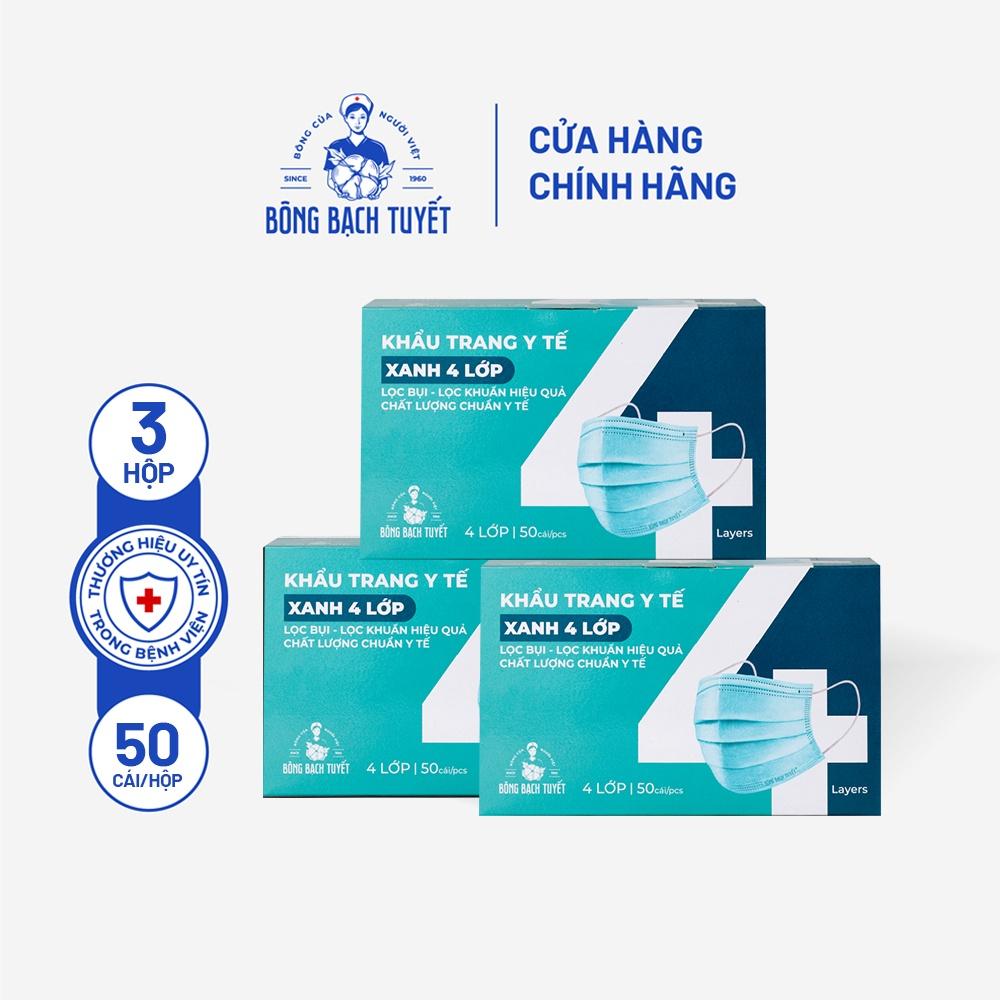 Combo 3 Hộp Khẩu trang Bông Bạch Tuyết 4 lớp xanh (50 cái/hộp)